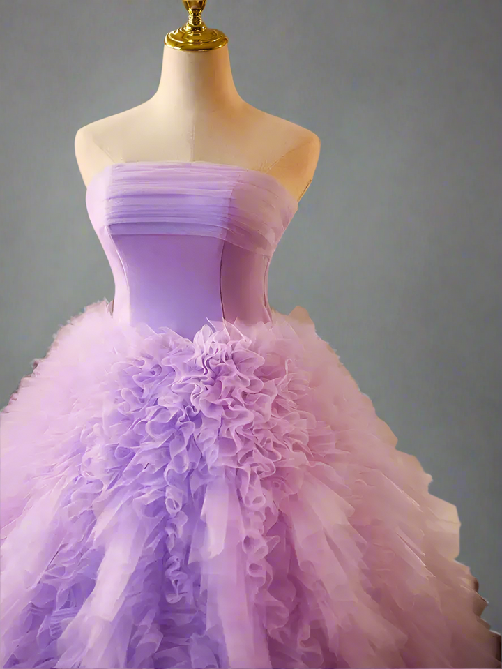 Purple Ball Gown with Layered Tulle Skirt - Corset Tulle Dress with Strapless - Layered Tulle Ruffle Dress Plus Size