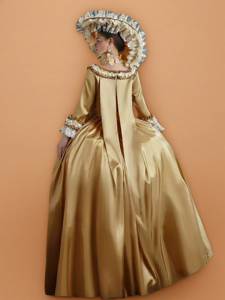 Golden Rococo Court Gown – Vintage Gold Satin Dress with Lace Ruffles and Pannier Silhouette