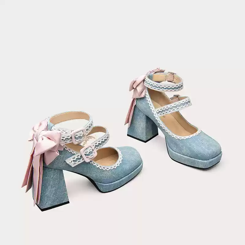 Vintage Inspired Blue Lolita Heels with Bow and Lace Detail