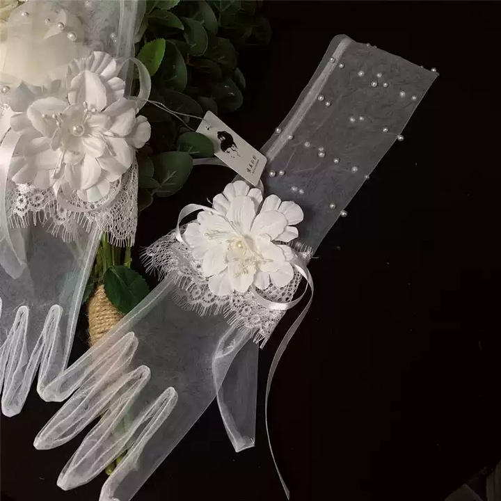 Elegant Long Floral Bridal Gloves with Lace and Pearl Accents