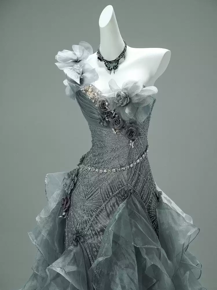 Gray Layered Tulle Ruffle Dress with Floral Appliqué – One Shoulder Evening Dress with Lace-Up Back Plus Size