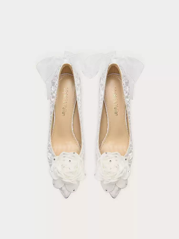 Vintage Inspired White Bridal High Heels with Tassel Detail and Bow