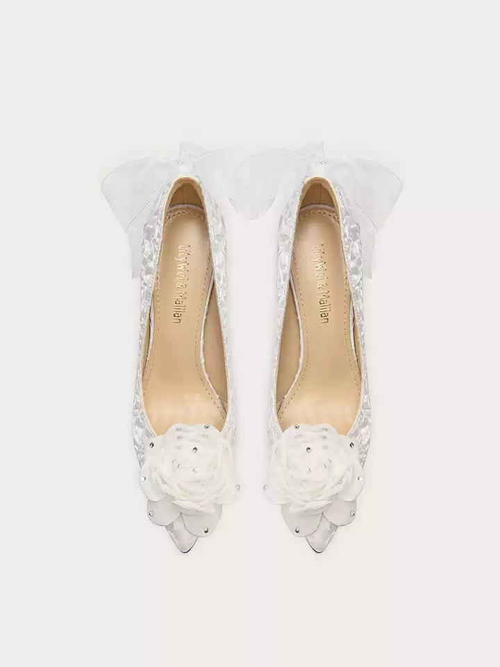 Vintage Inspired White Bridal High Heels with Tassel Detail and Bow