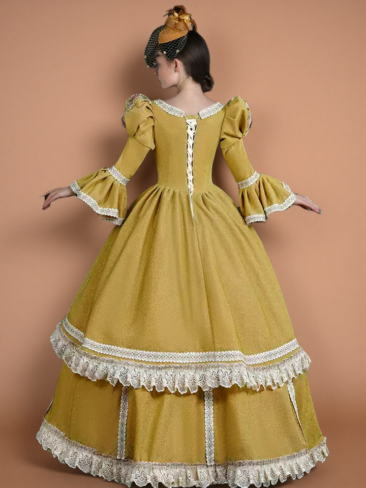 Golden Rococo Ball Gown with Ruffle Lace Trim – Vintage Puffy Sleeve Court Dress