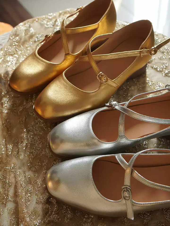 "Moonlit Waltz" – Handmade Vintage Silver Leather Mary Jane Flats