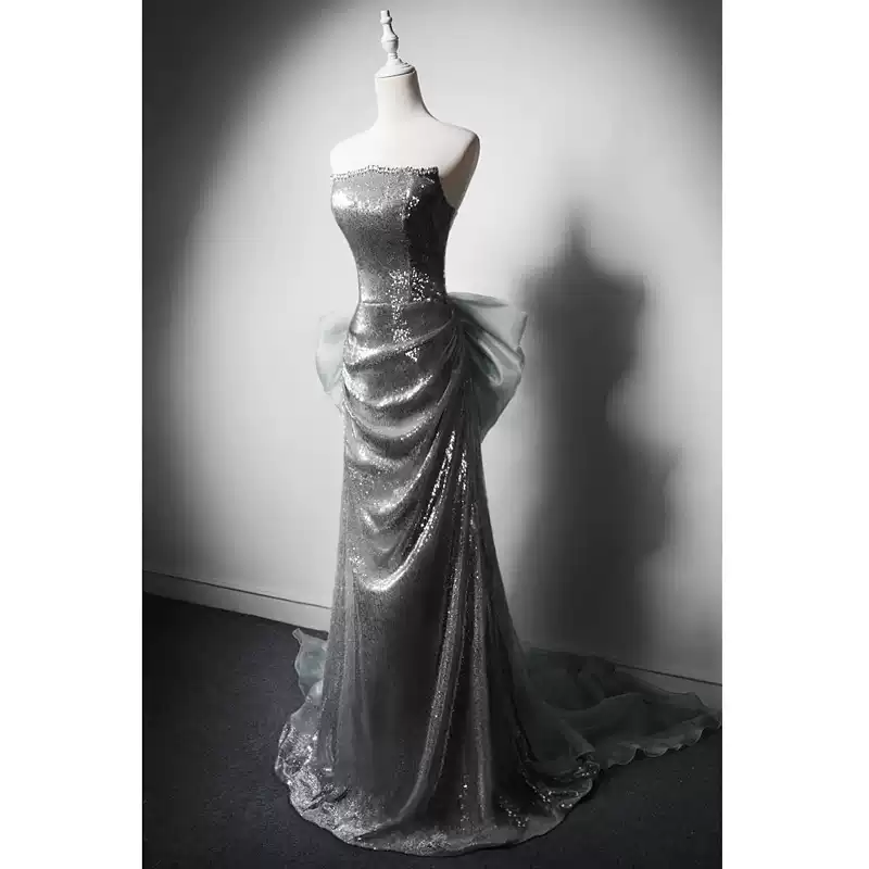 Silver Strapless Glitter Dress with Bow - Silver Designer Sequin Gown with Flowing Skirt - Sequins Evening Gown Plus Size