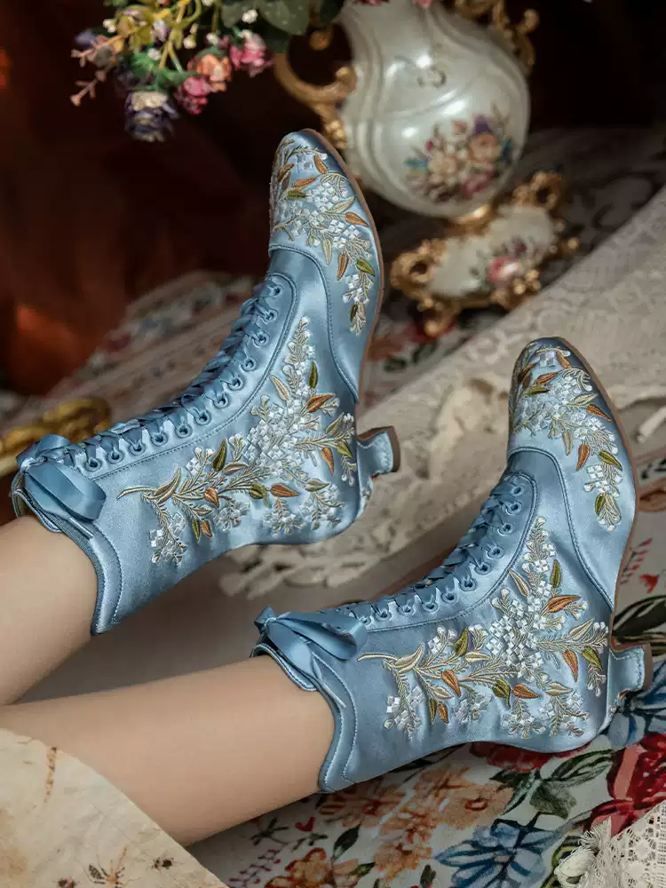 Handmade Victorian White Embroidered Silk Lace-Up Mid-Calf Boots with Lambskin Insole