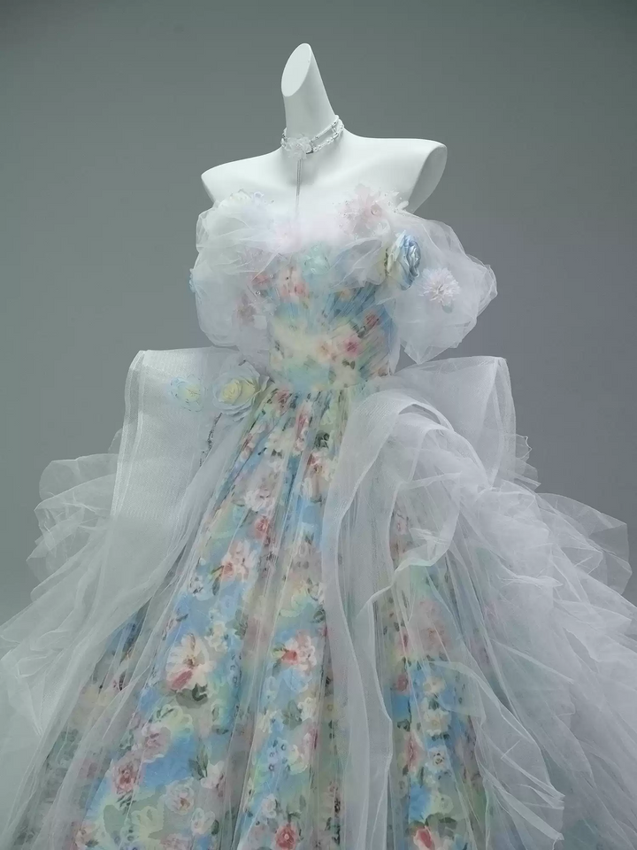 Blue Fairytale Floral Evening Dress with Oversized Bow – Off the Shoulder Evening Dress with Corset Back Plus Size