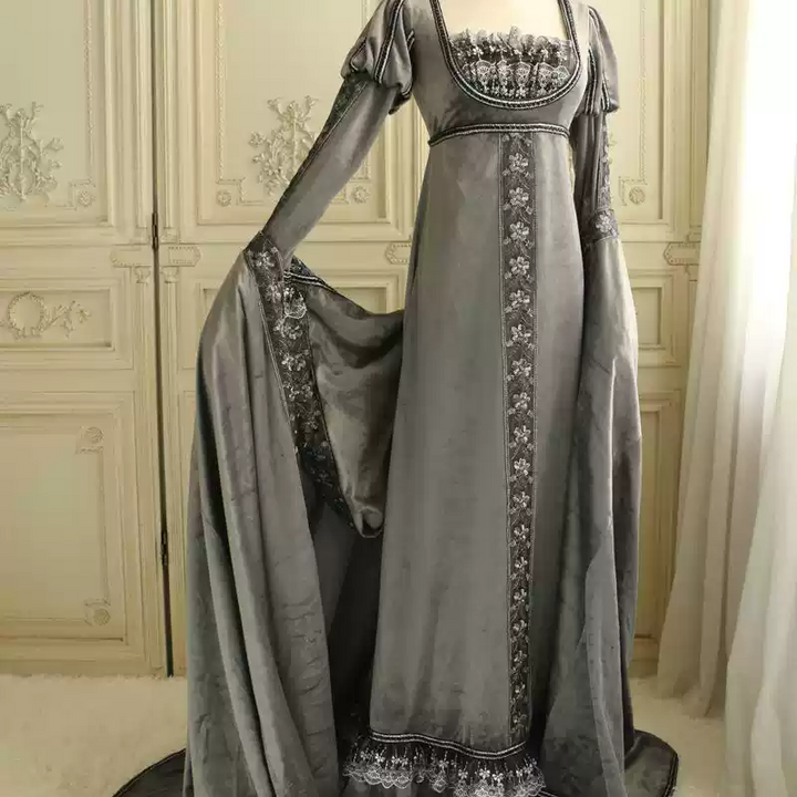 Gray Medieval-Inspired Empire Waist Gown in Grey Velvet – Long Sleeve Medieval Dress with Embroidered Trim Plus Size