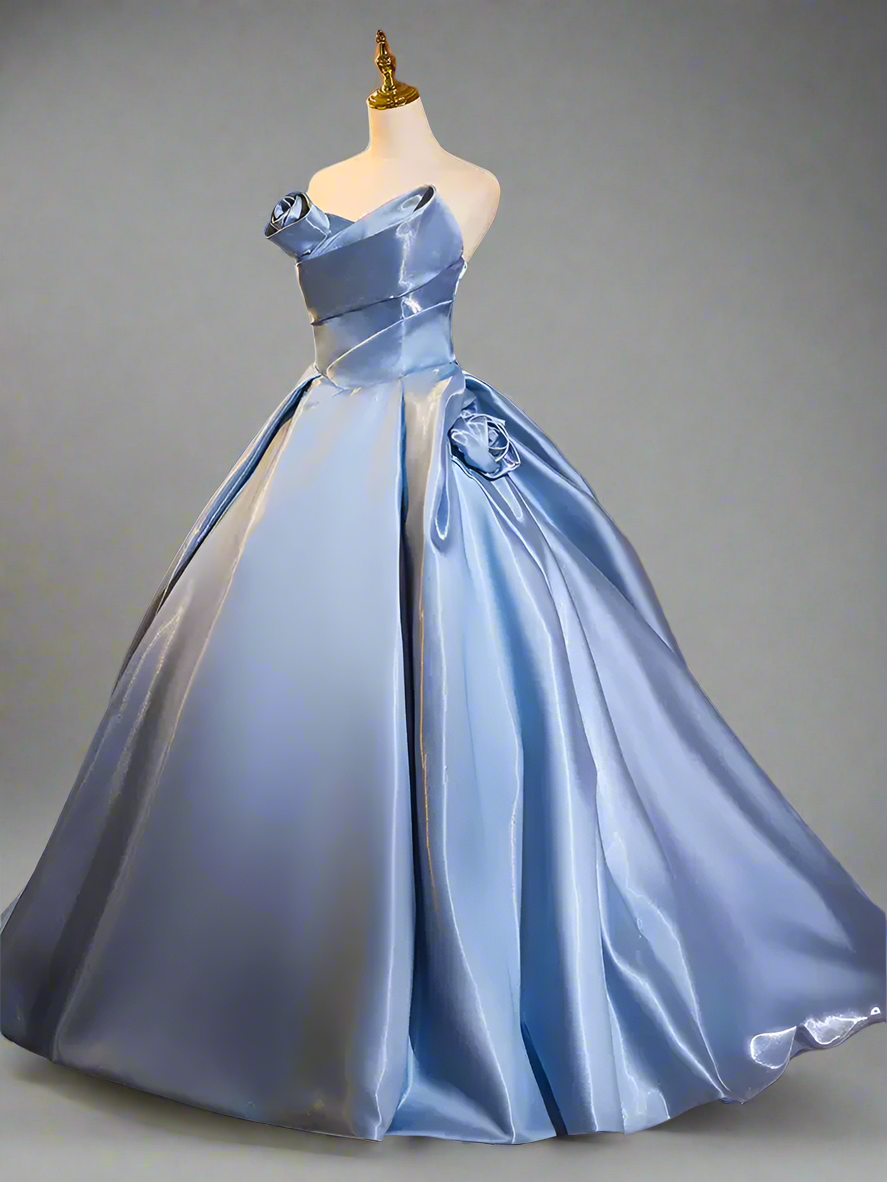 Blue Ball Gown with Corset Back - Satin Wedding Dress with Flower Accessories -  Strapless Corset Wedding Dress Plus Size