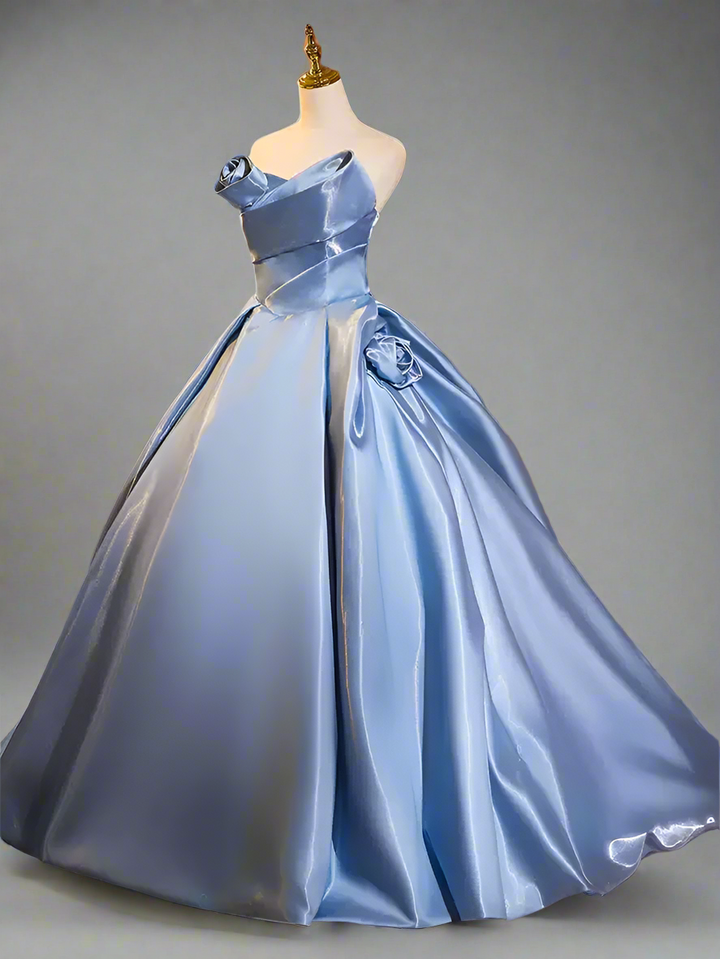 Blue Ball Gown with Corset Back - Satin Wedding Dress with Flower Accessories -  Strapless Corset Wedding Dress Plus Size