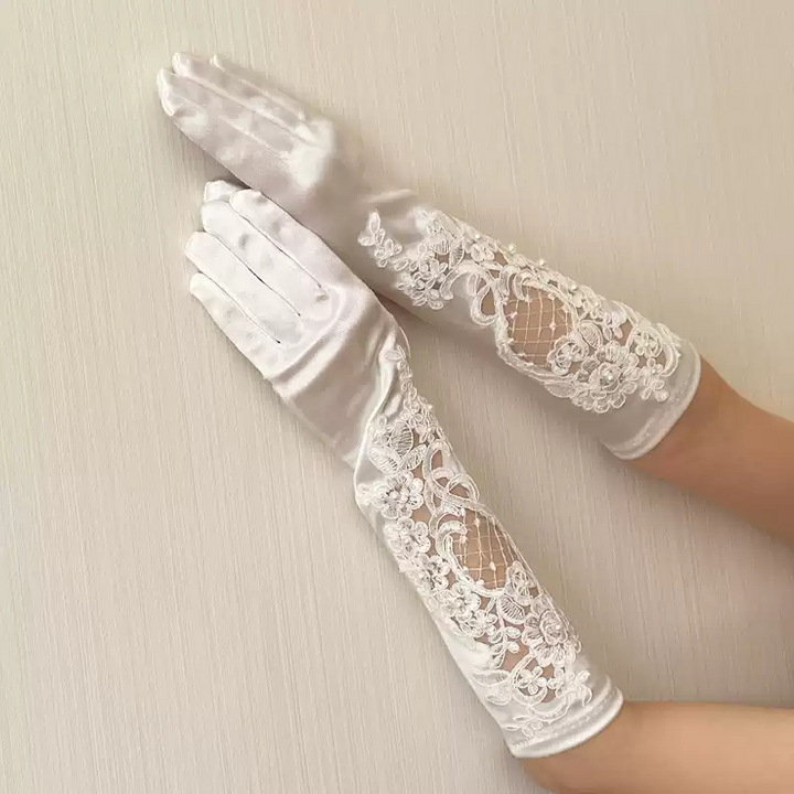 White Elegance Floral Lace Bridal Gloves - Luxurious Satin Wedding Gloves