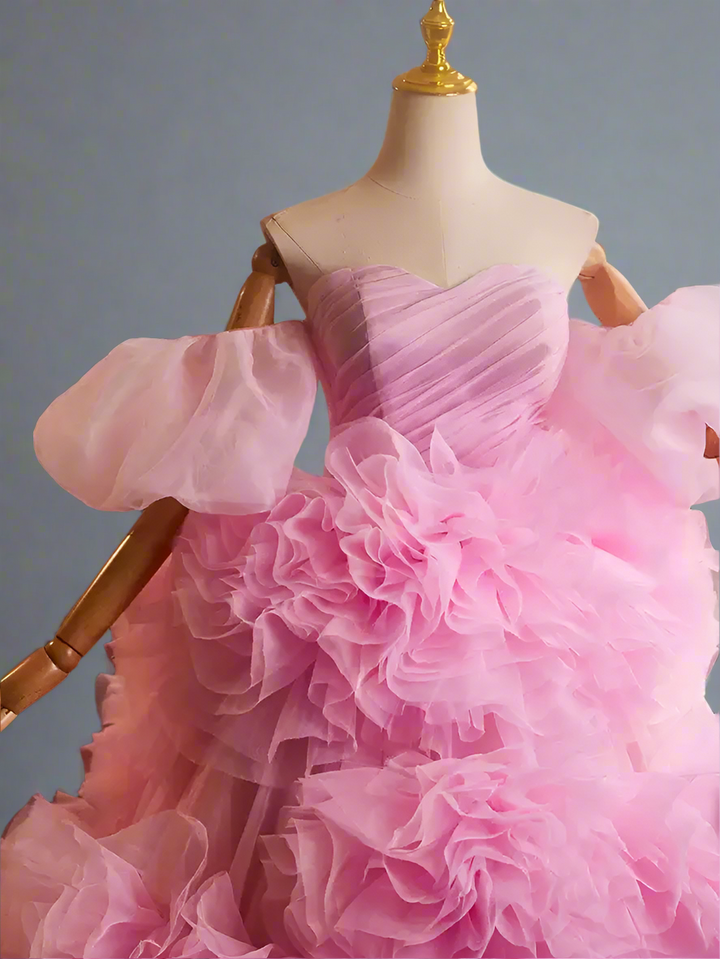 Pink Floral Ball Gown - Corset Tulle Dress - Tiered Floral Tulle Dress - Off Shoulder Wedding Dress Plus Size