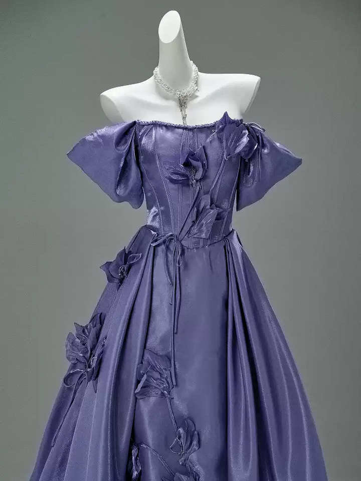 Purple Off the Shoulder Evening Dress with Floral Appliqué – Satin Evening Gown with Lace-Up Back Plus Size
