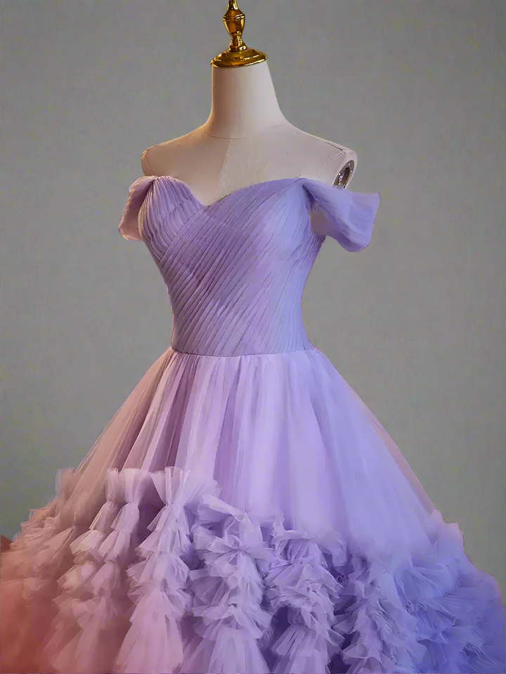 Elegant Woman Purple Ball Gown - Layered Tulle Ruffle Dress with Corset Back -  Purple Ball Gown with Layered Tulle Ruffle Skirt Plus Size