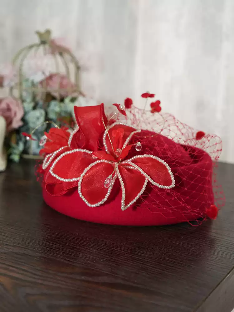 Vintage Inspired Black Pillbox Hat with Beaded Flower and Veil