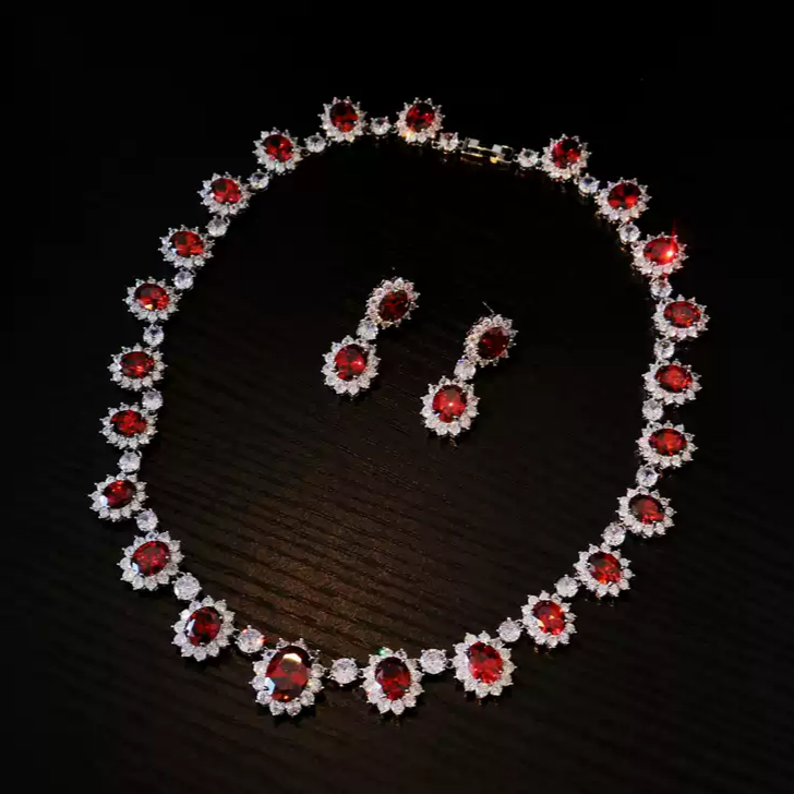 Scarlet Empress – Red Crystal Halo Necklace & Earrings Set