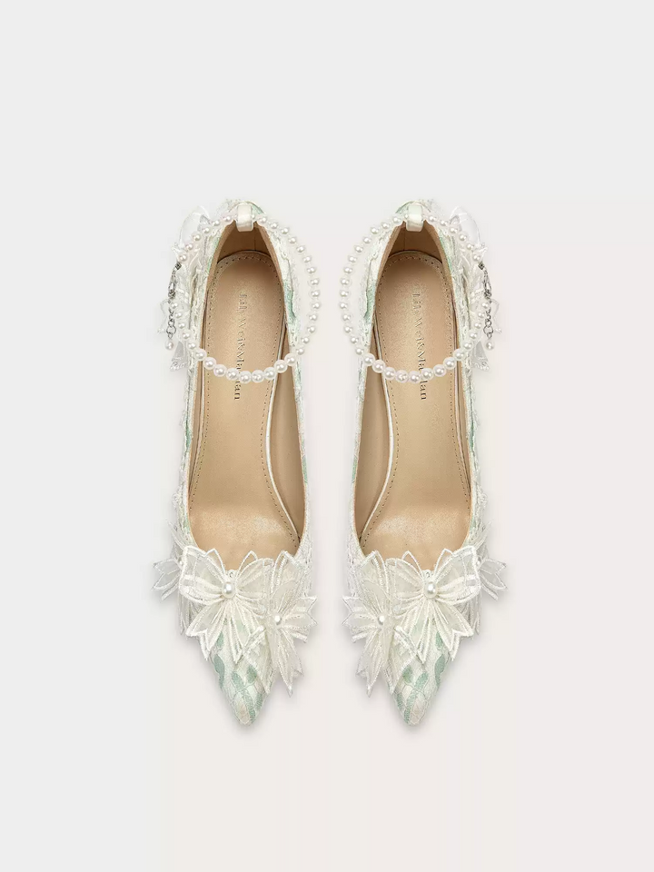 Lolita Vintage Pearl Chain Floral High Heels