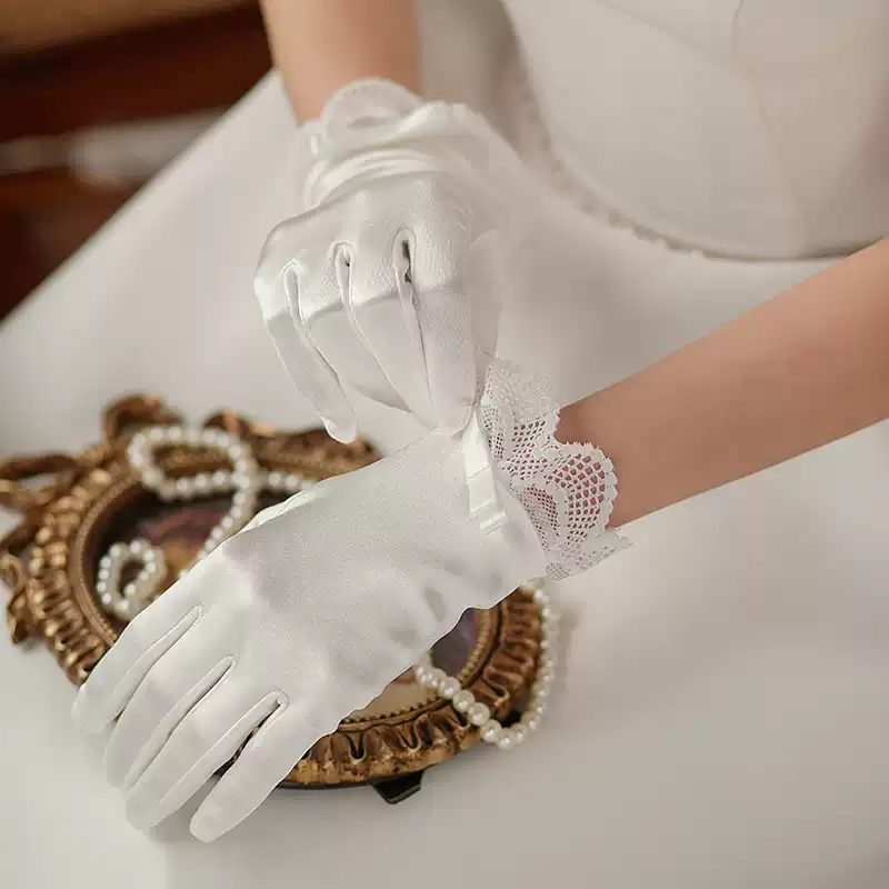 Elegant White Satin Bridal Gloves with Lace Cuffs and Bow Details