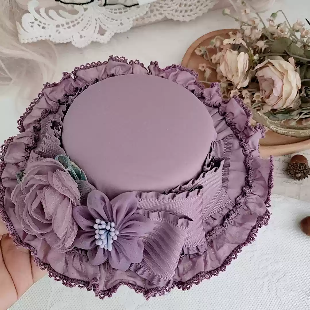 Victorian Lavender Purple Hat - Purple Lolita Hat with Floral Lace Detailing