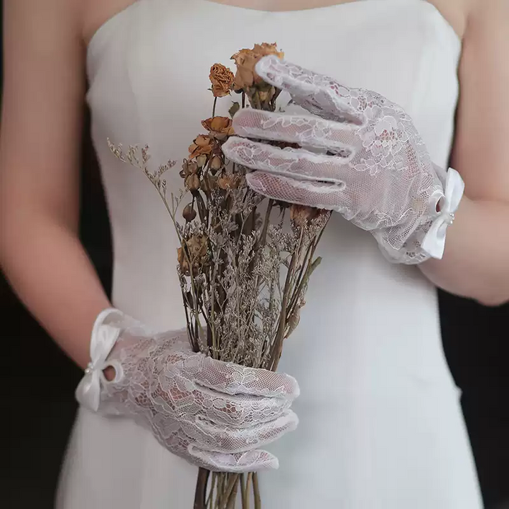 Elegance White Floral Lace Bridal Gloves with Satin Bow