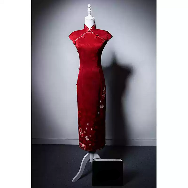 Red Cheongsam Dress with Floral Embroidery - Elegant Red Qipao Dress with Slit and High Neck Custom Order Plus Size