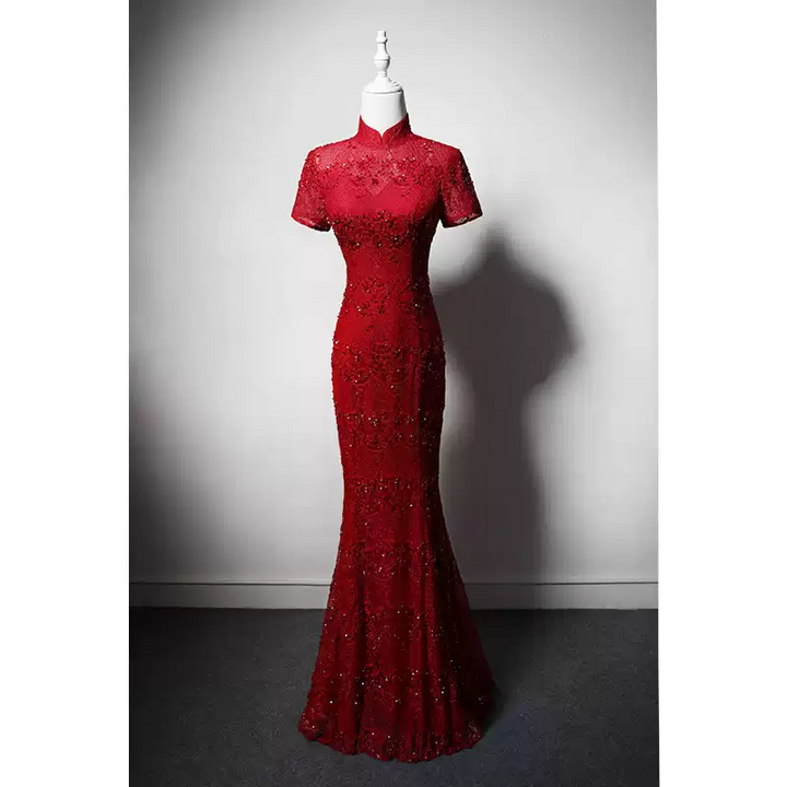 Luxury Red Cheongsam Dress with Lace and Beaded Detailing – Elegant Red Mermaid Evening Gown with Cap Sleeves Plus Size