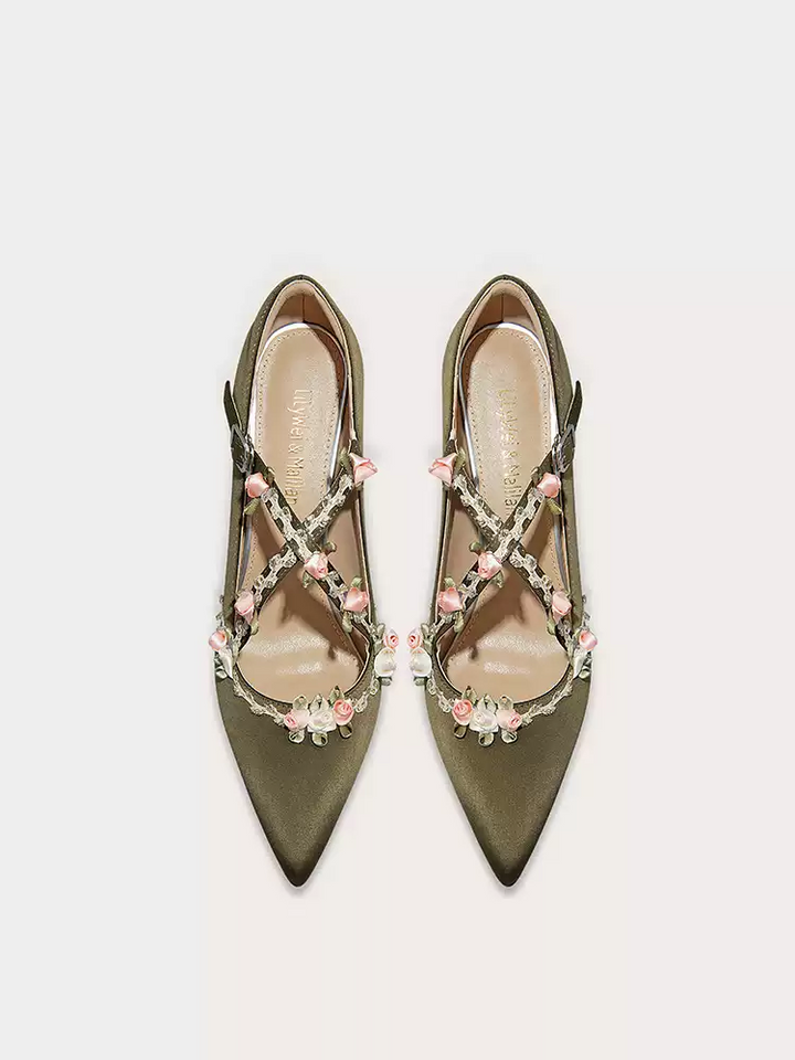 Vintage-Inspired Champagne Elegant Cross-Strap High Heels with Vine Details