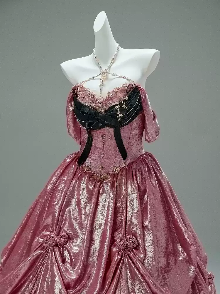 Prom Dress Pink Ball Gown with Draped Skirt – Pink Tulle Ball Gown with Black Velvet Bow and Corset Bodice Plus Size