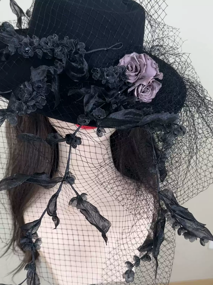 Gothic Black Top Hat with Feather and Floral Accents - Black Hat with Feather and Veil