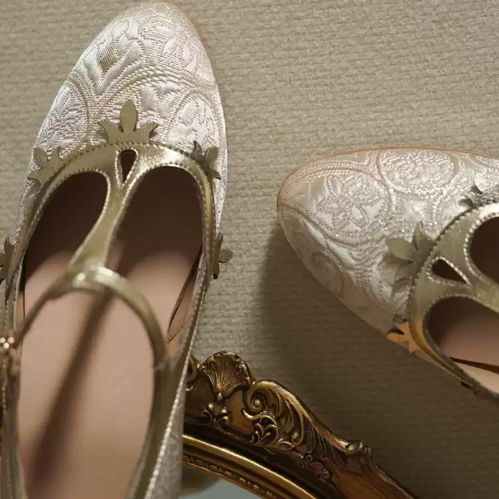 "Golden Garden" – Handmade Embroidered T-Strap Mary Jane Heels