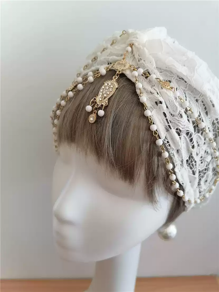 Exquisite Lace Bridal Hat with Pearl Accents - White Lace Bonnet