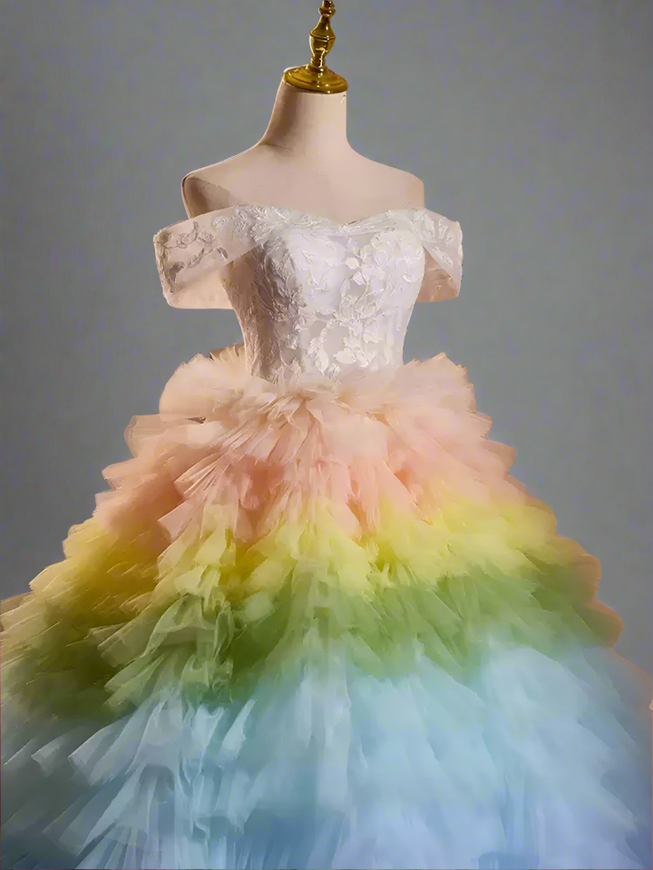 Pink and Blue Tiered Tulle Ball Gown - Off the Shoulder Ball Gown - Corset Tulle Dress with Layered Ruffle Skirt Plus Size