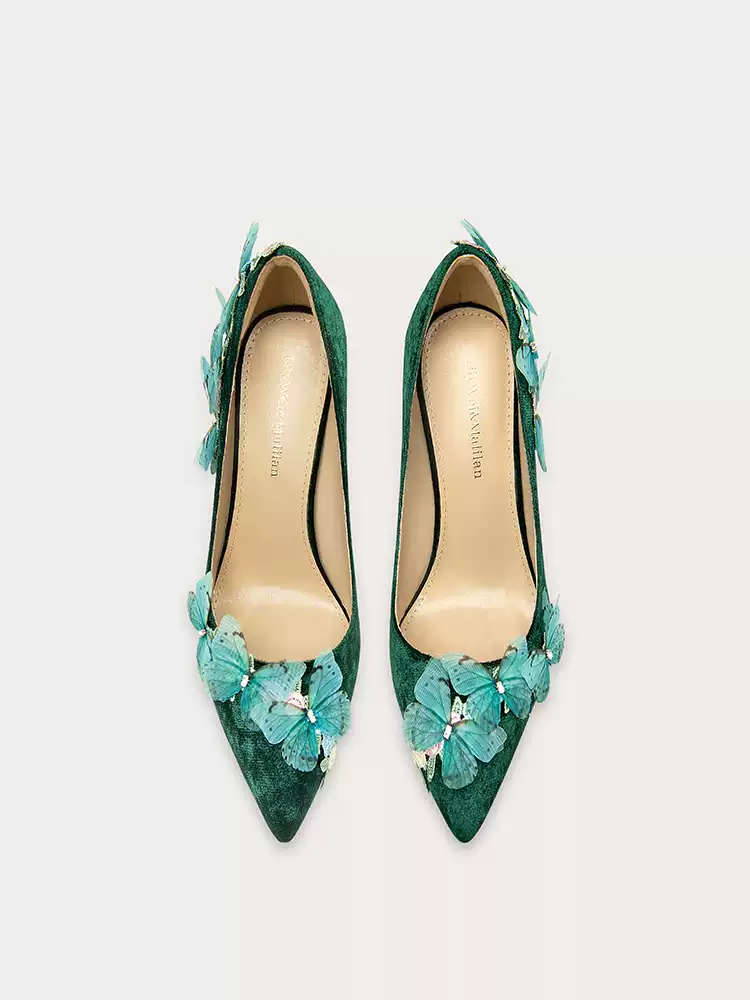 Vintage Inspired Green Velvet Pointed-Toe High Heels with Butterfly and Rhinestone Details