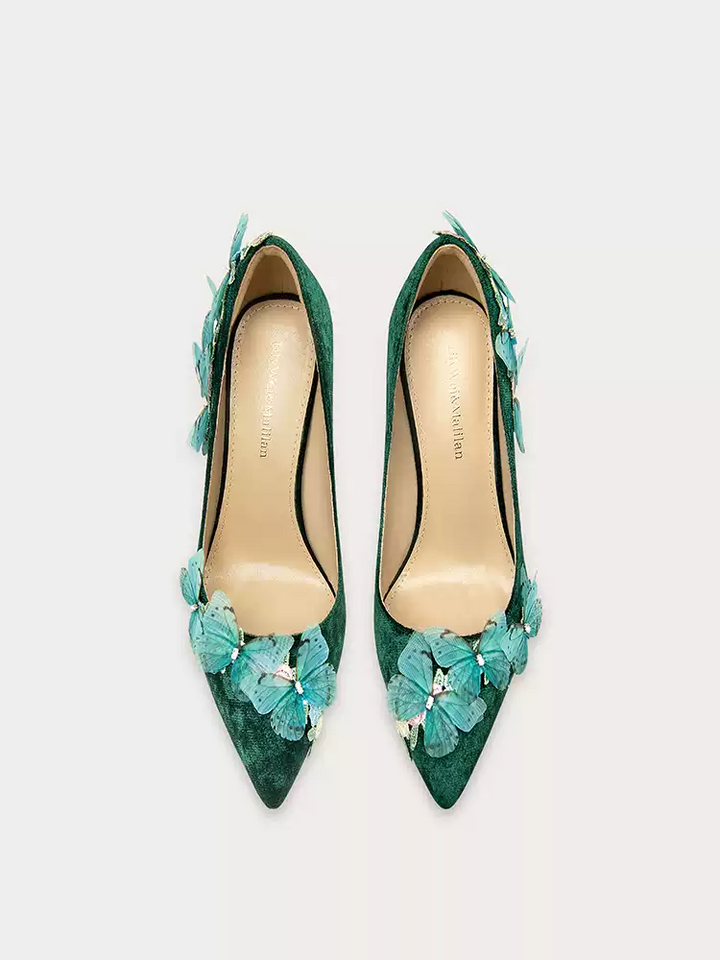 Vintage Inspired Green Velvet Pointed-Toe High Heels with Butterfly and Rhinestone Details