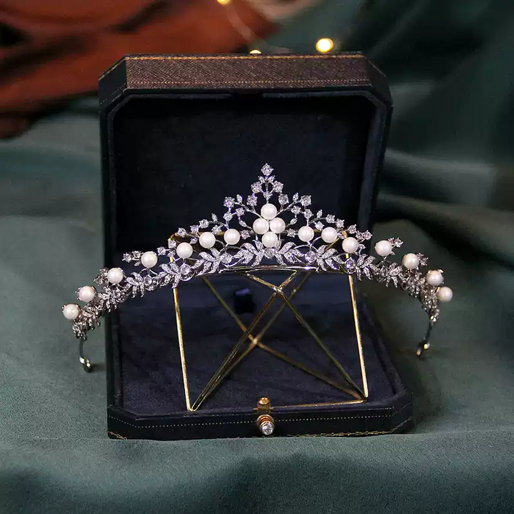 Elegant  Bridal Pearl Crown with Zircon Stones – Headpieces for Wedding