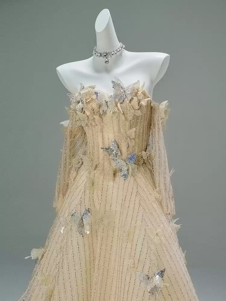 Champagne Gold Off the Shoulder Evening Dress with Butterfly Appliqué – Corset Evening Dress with Sequins Plus Size
