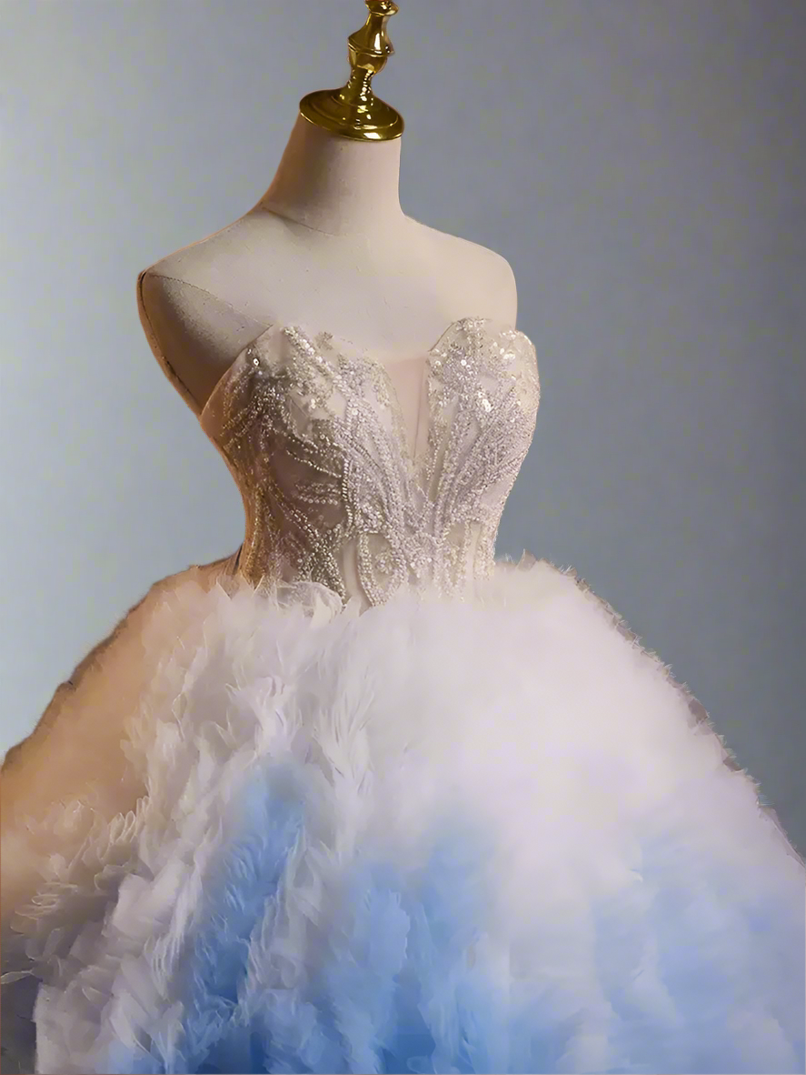 Gradient Blue Strapless Princess Wedding Dress with Sweetheart Neckline and Layered Tulle Ruffles Plus Size Size 6 / Light Blue Gradient Blue Strapless Princess Wedding Dress with Sweetheart Neckline and Layered Tulle Ruffles Plus Size Size 6 / Light Blue