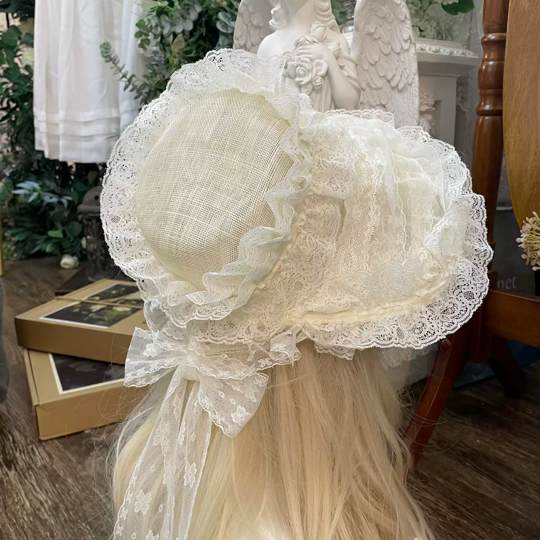 Handmade Floral Lace Lolita Hat - Vintage-Inspired Lace Bonnet with Ribbon Ties