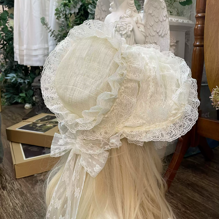 Handmade Floral Lace Lolita Hat - Vintage-Inspired Lace Bonnet with Ribbon Ties