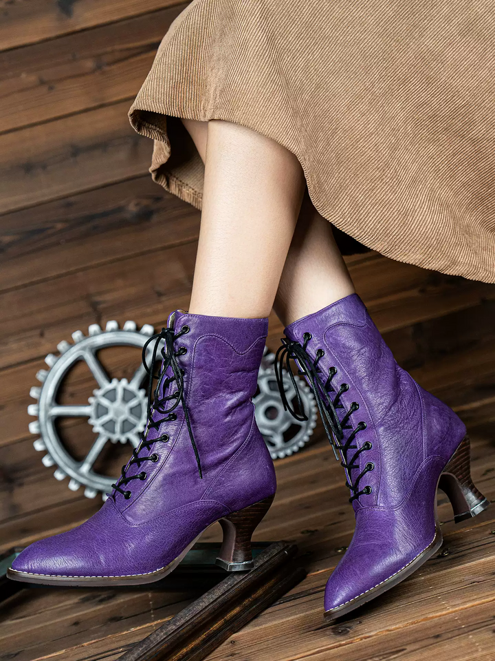 Handmade Gothic Purple Lambskin Leather Victorian Lace-Up Boots