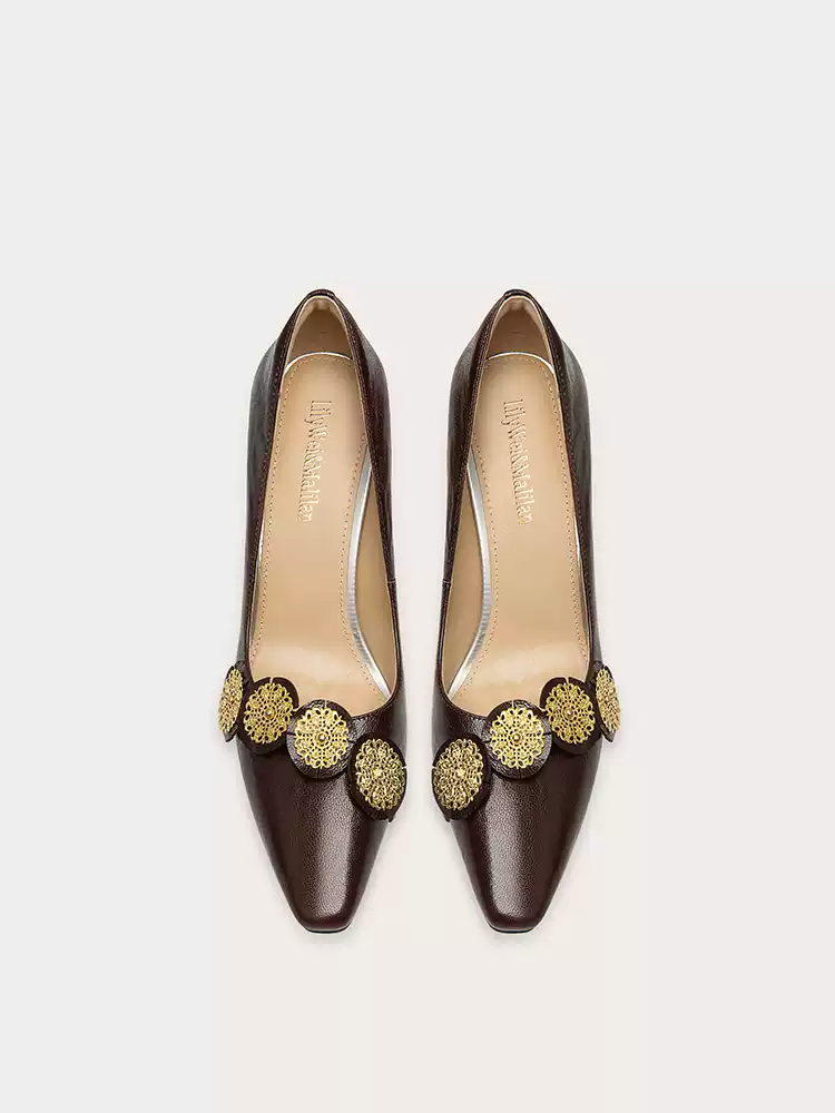 Vintage Inspired Brown Leather High Heels with Gold Metal Accents  - Toe Design