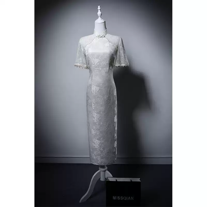 White Cheongsam Dress with Lace Sleeves - Elegant Formal Embroidered Qipao Gown with High Collar Plus Size