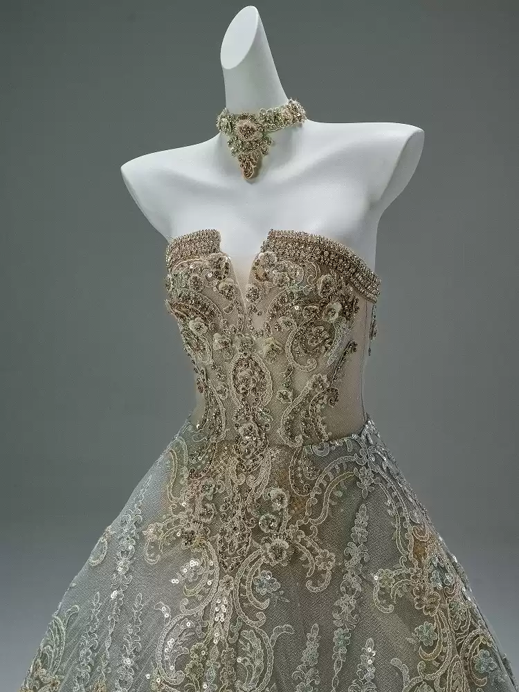 Gold Sequins Evening Gown with Embroidered and Corset – Strapless Formal Dress with Matching Choker Plus Size