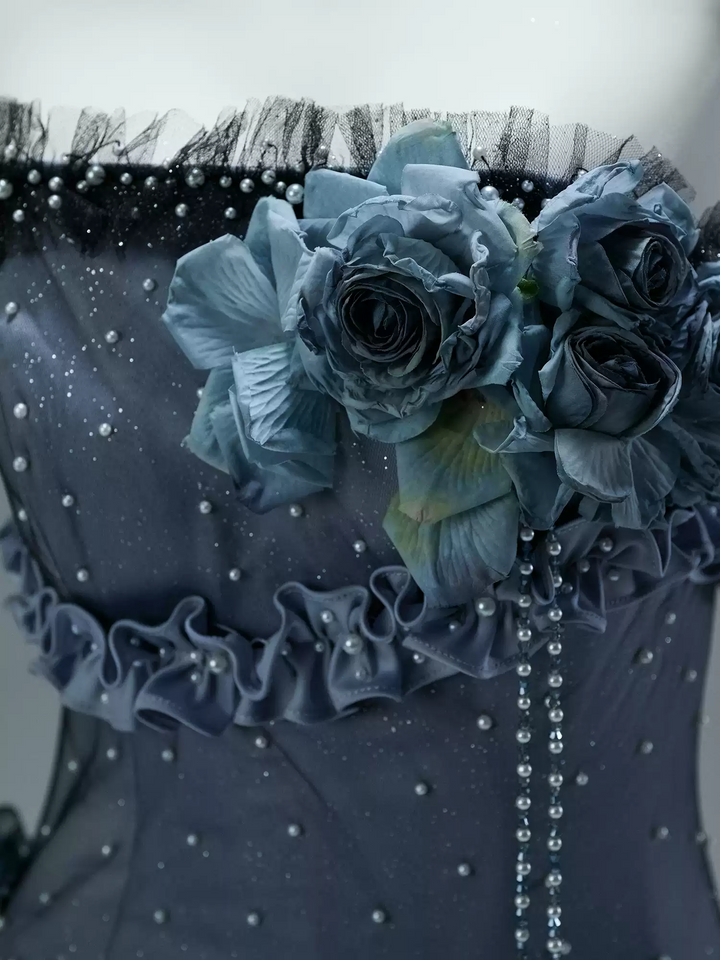 Navy Layered Tulle Ruffle Dress with Corset Bodice – Strapless Evening Dress with Floral Appliqué and Lace Details Plus Size