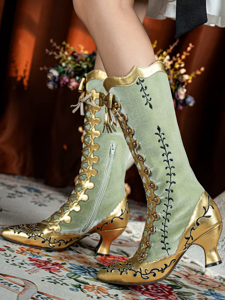 Handmade Rococo Sage Gold and Green Lambskin Leather Silk Mid-Calf Boots with Bow