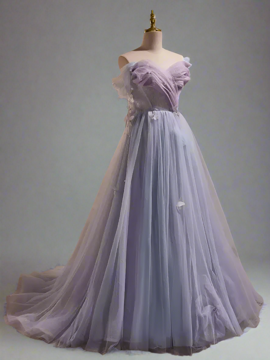 Purple Tulle Ball Gown Evening Dress - A-Line Wedding Gown with Sweetheart Neckline - Elegant Purple Evening Dress Plus Size