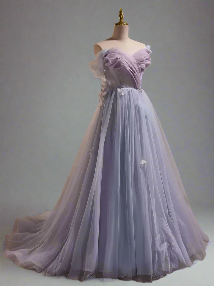 Purple Tulle Ball Gown Evening Dress - A-Line Wedding Gown with Sweetheart Neckline - Elegant Purple Evening Dress Plus Size