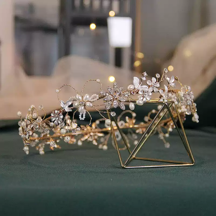 Golden Meadow – Pearl & Crystal Floral Halo Crown