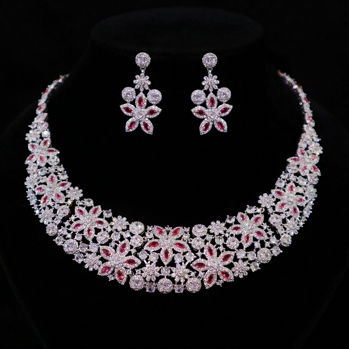 Luxurious Floral Necklace and Bridal Earring Jewelry Set